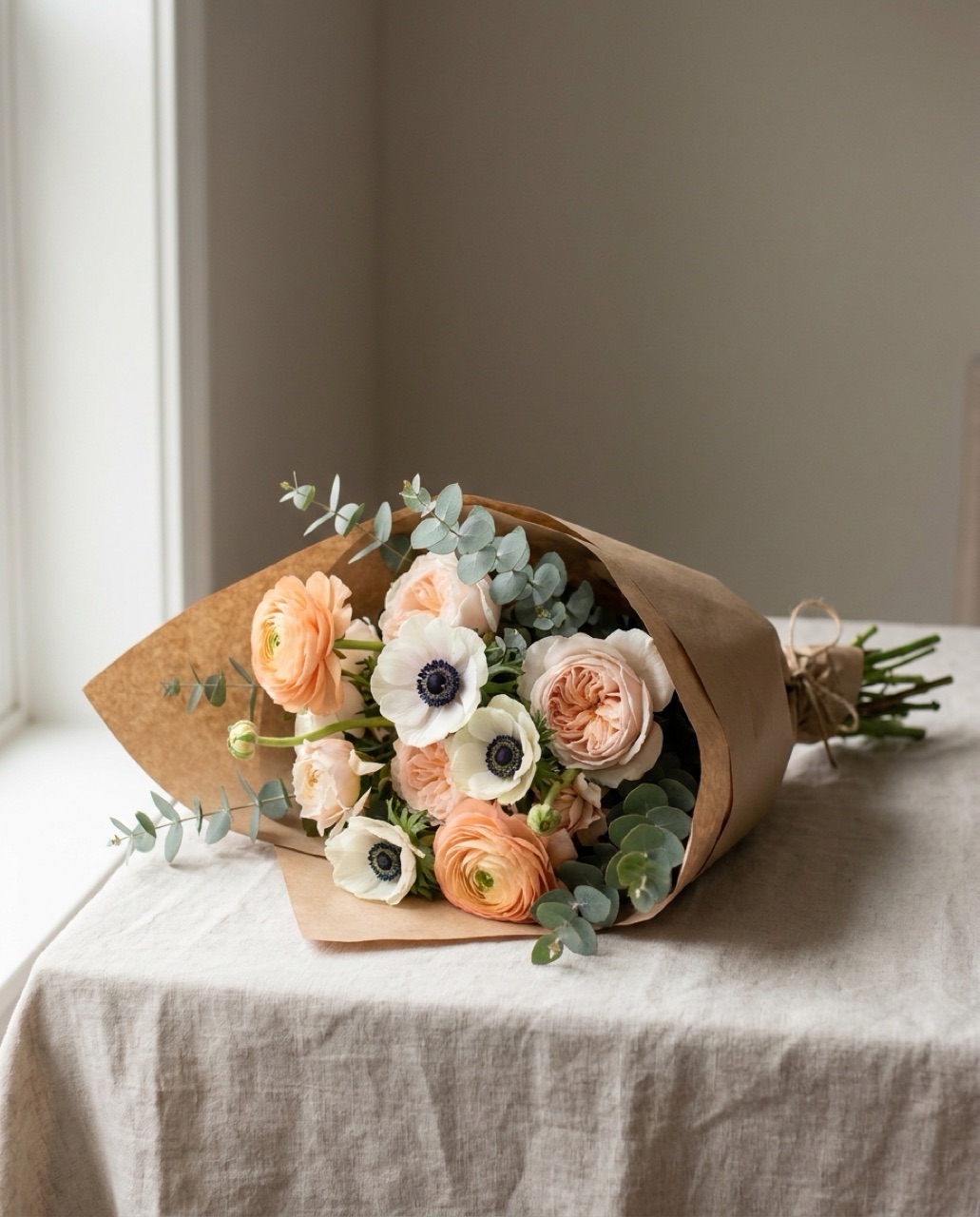 A florist's seasonal bouquet wrapped in kraft paper