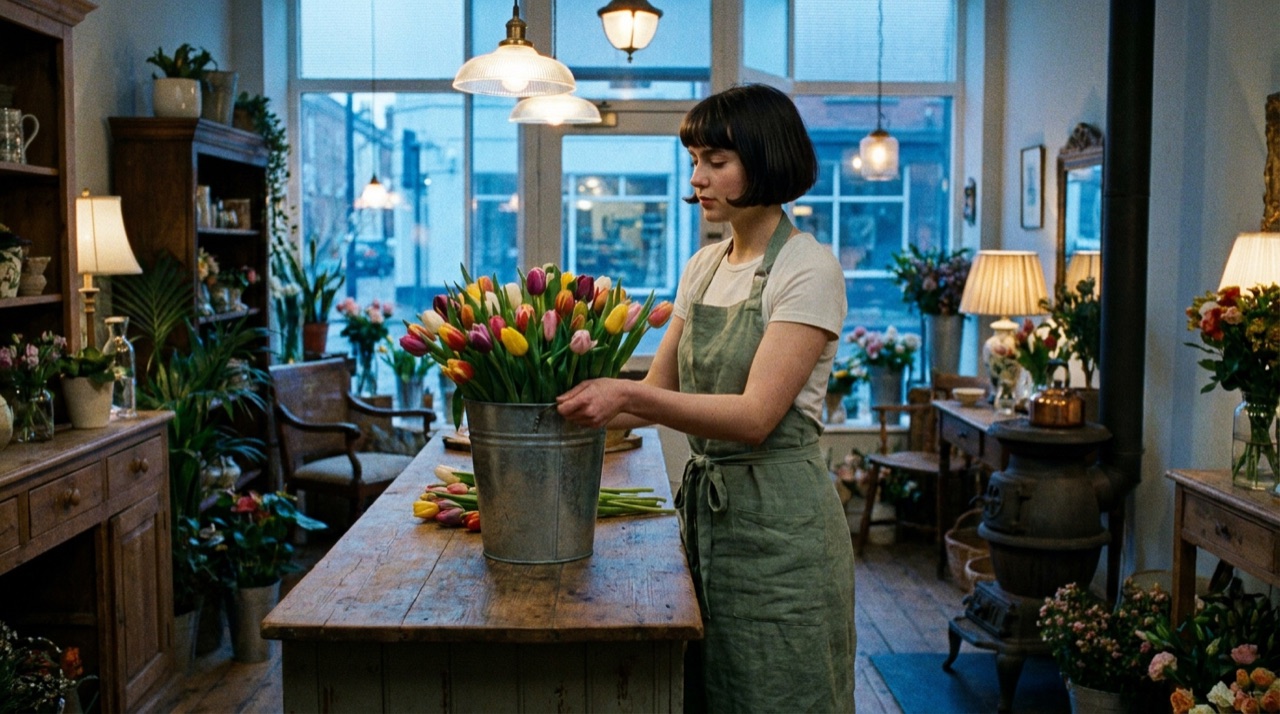At dawn, the florist sets a bucket of tulips on the counter