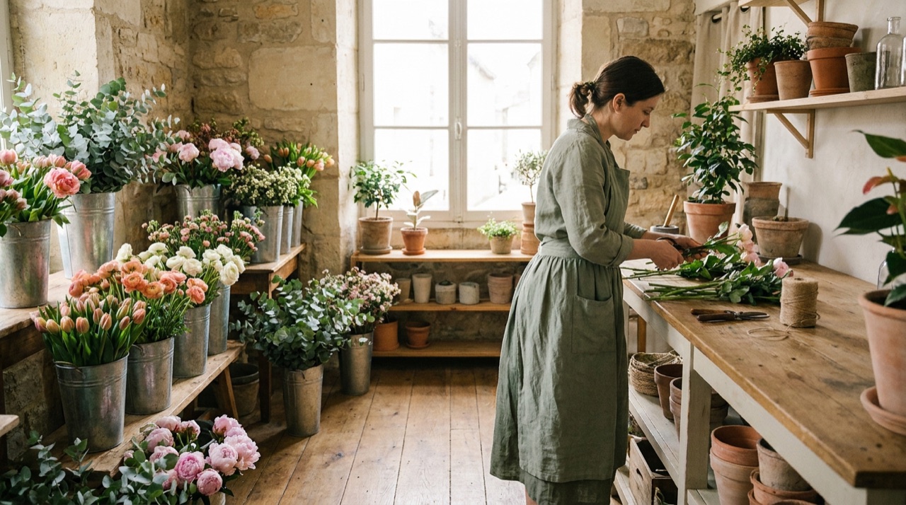 A florist trimming stems at the counter of a sunlit flower shop