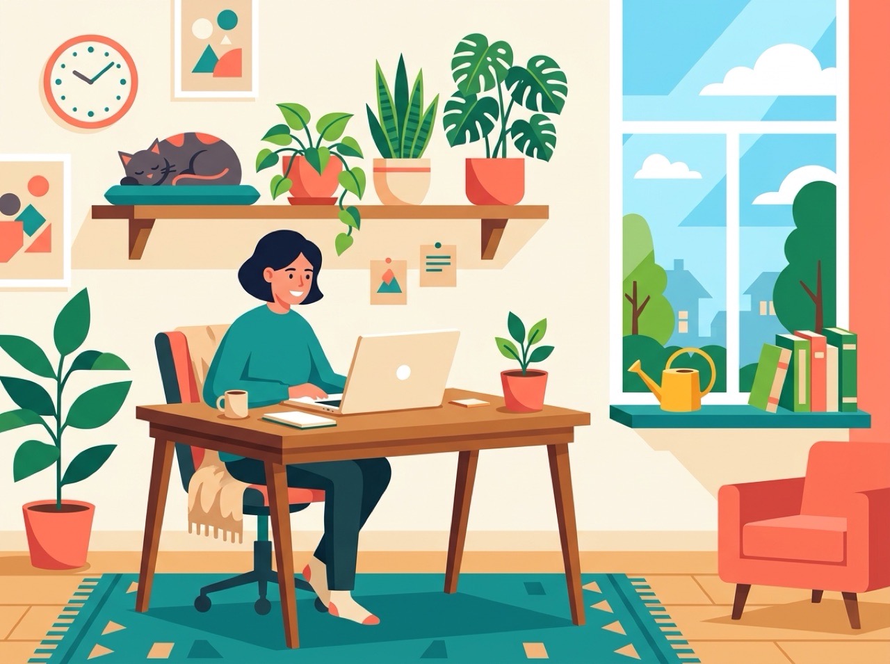 An illustration of a bright home office