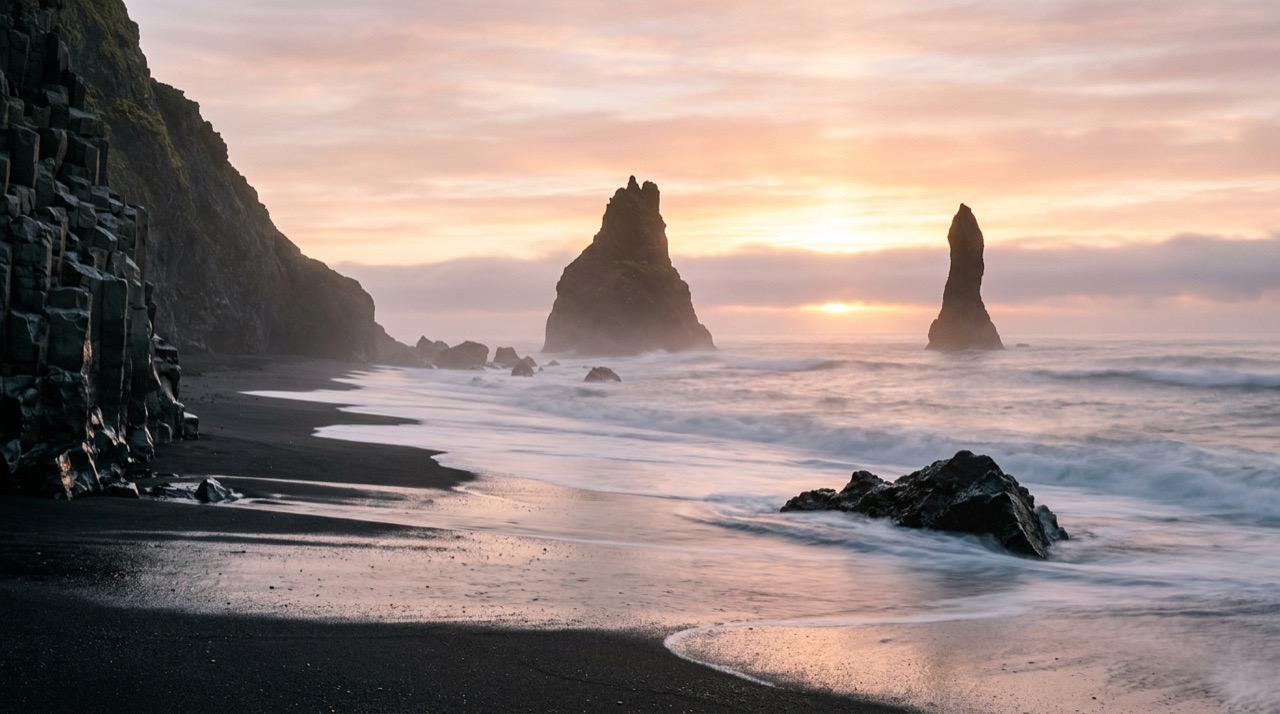 A black-sand beach at sunrise