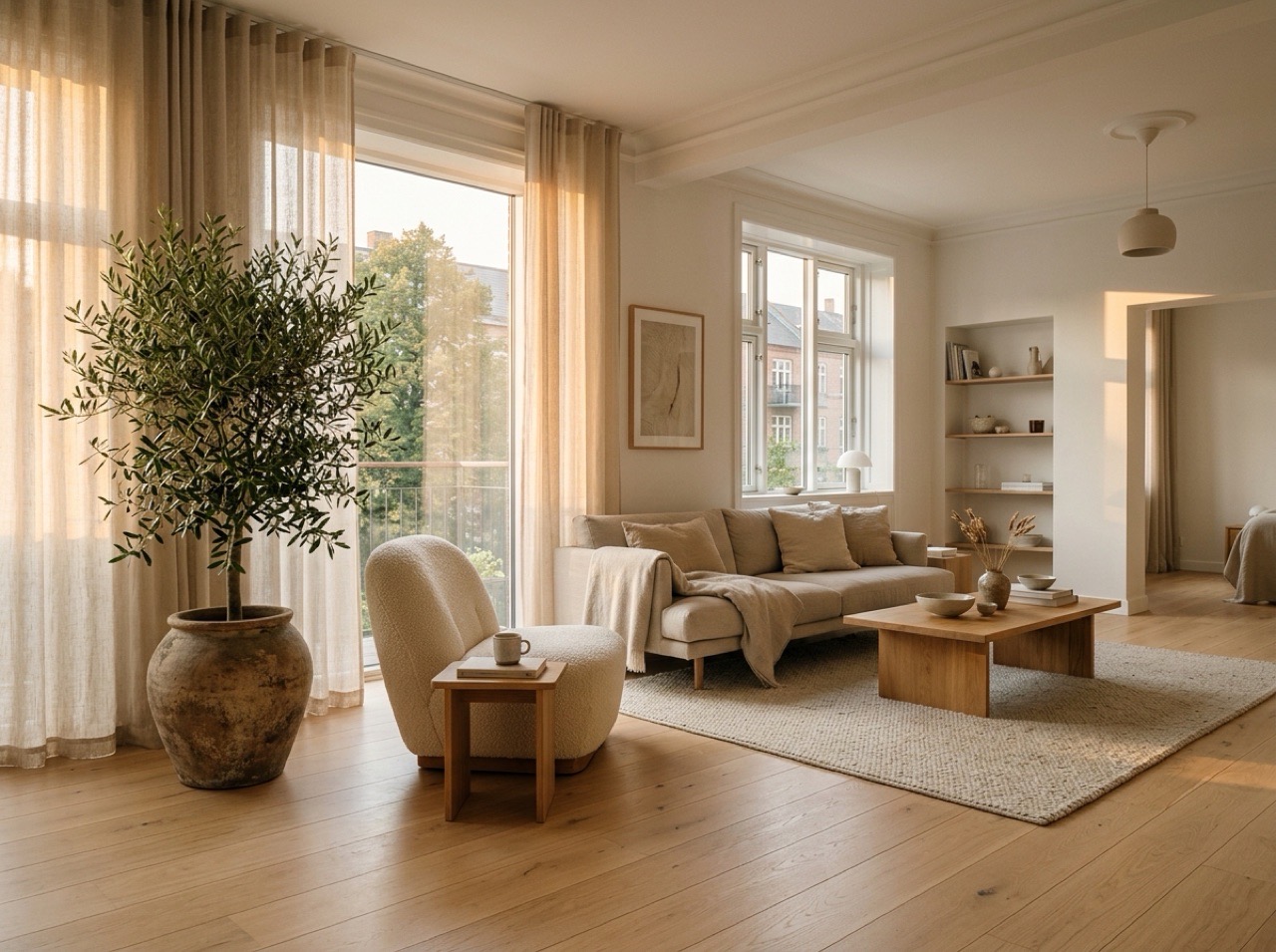 A calm living room at golden hour