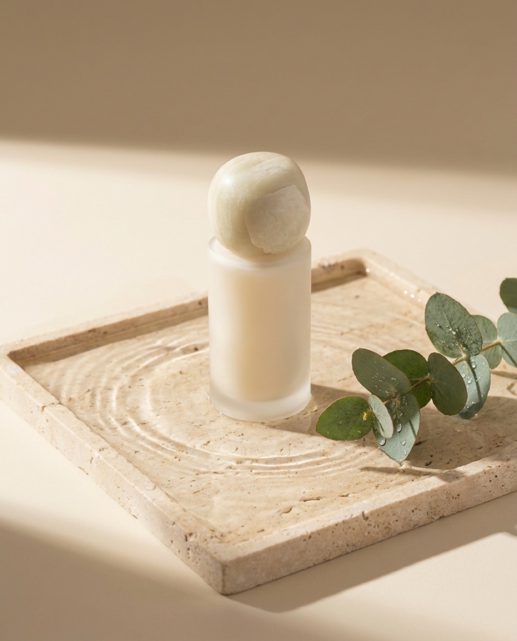 A frosted glass skincare bottle standing in shallow water on travertine
