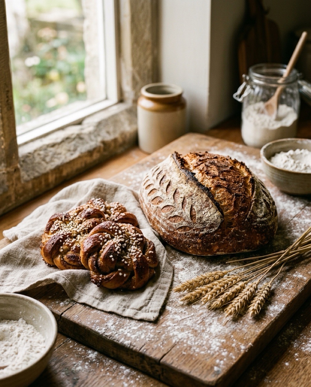 A sourdough loaf and cardamom buns on a floured oak board in window light