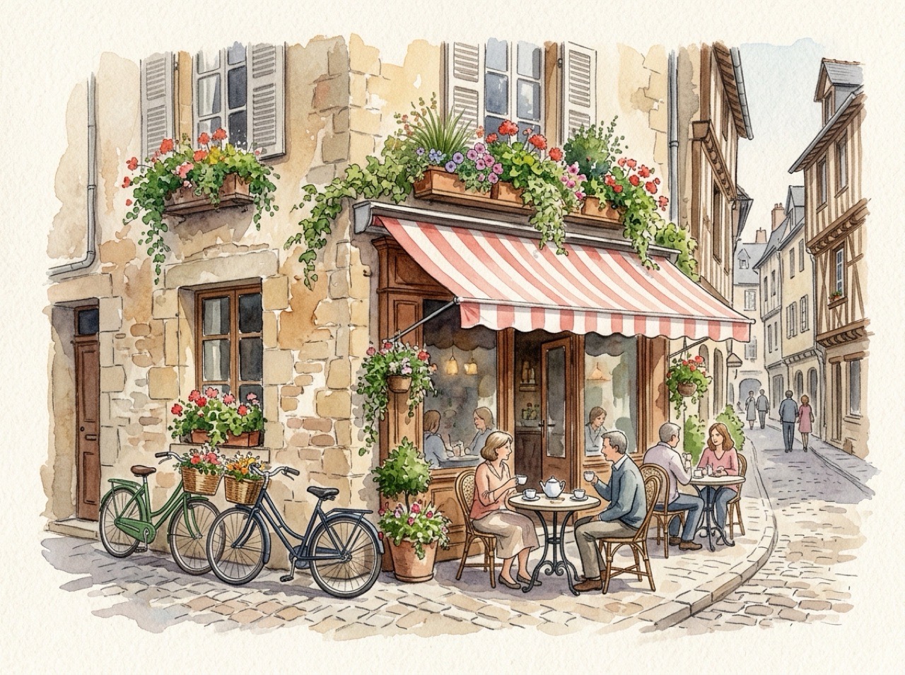 A watercolour illustration of a corner café
