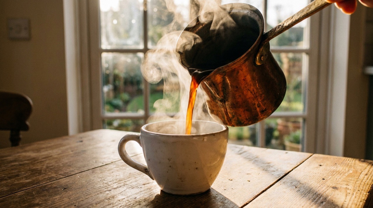 Slow-motion coffee being poured into a cup