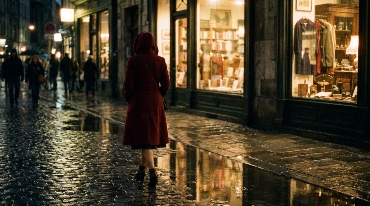 A person walking through a city at night